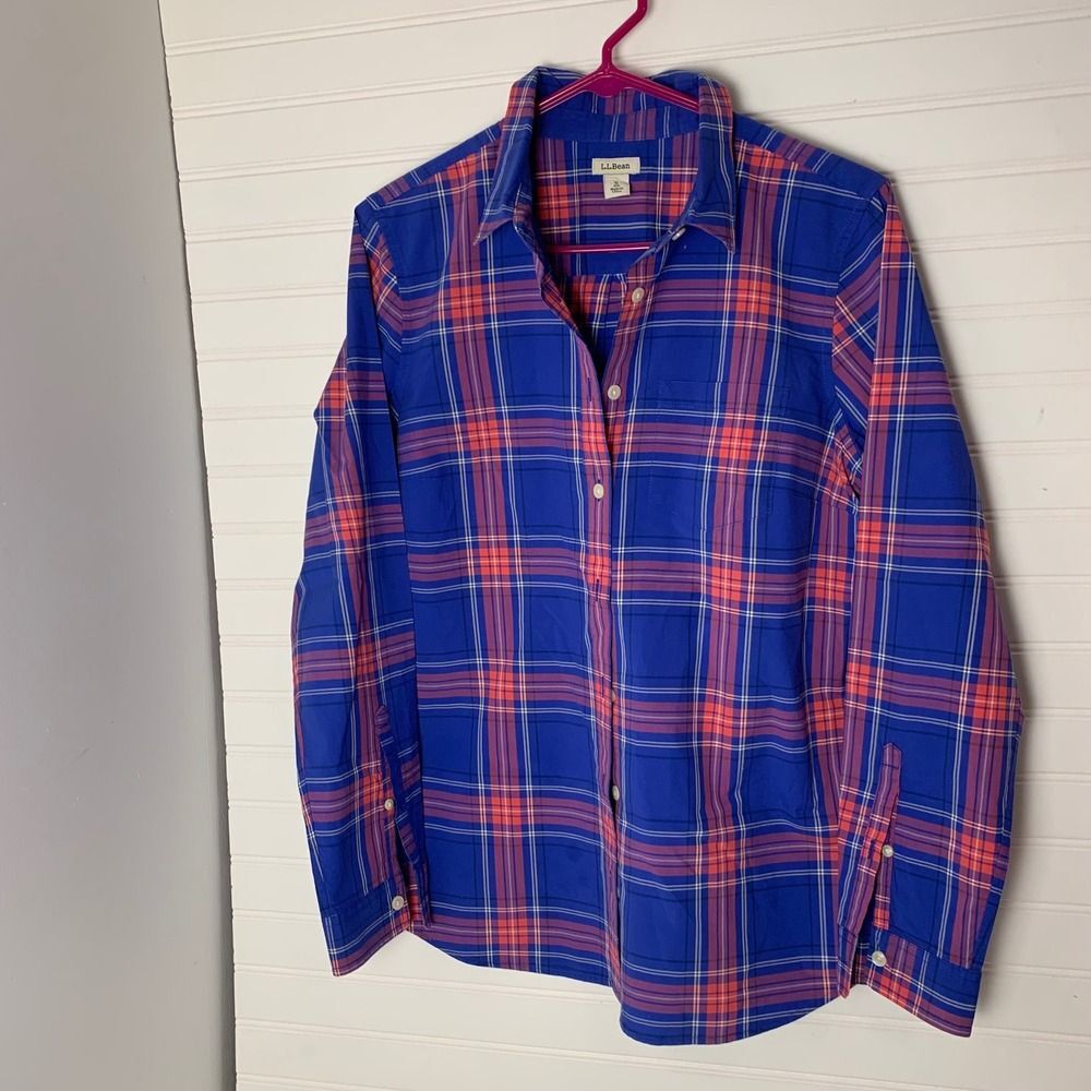 L.L. Bean Womens Plaid Button Down Shirt Blue Orange Small Cotton Casual‎